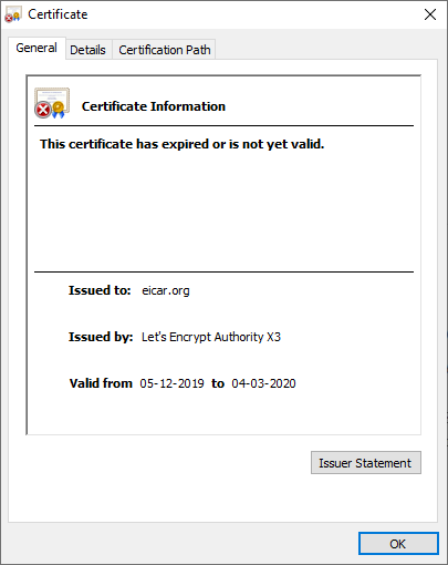 SteenP's tweet image. Looks like eicar.org forgot to renew their web certificate!
These short term web certificate from Let's Encrypt are great if we remember to renew them. #eicar #letsencrypt