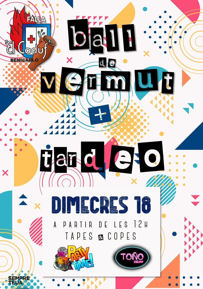 Per als dies 17 i 18 de març a la Falla El Caduf hem preparat uns tardeos dels que sabem que vos agraden amb #ToñoDJ i #PartyTime!

El 17 vos esperem a partir de les 17:00h i el 18, previ a la mascletà, tindrem un ball de vermut a partir de les 12:00h que continuarà amb un tardeo