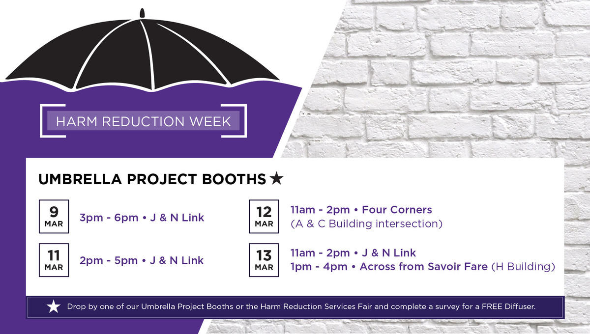 AlgonquinSS's tweet photo. It's #HarmReductionWeek! Visit #ACUmbrellaProject booths on-campus this week to learn about alcohol and substance use, harm reduction strategies, and ways to connect with your community to access supports if you need them.
Receive a free diffuser when you fill out a survey! ☂️ https://t.co/fQWG8LRkWh