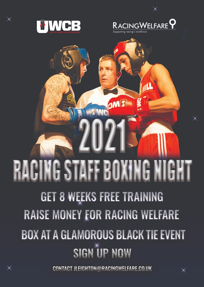 Racingwelfare's tweet photo. Inspired by the Racing Staff boxing at the weekend?
Why not sign up to take part in 2021?
Racing Staff Boxing will be back - it's a fantastic way to get fit and to raise money for Racing Welfare! 🥊🥊🥊
#UWCB #TeamRacingWelfare #RacingStaffBoxing https://t.co/0EFPiBHMUs