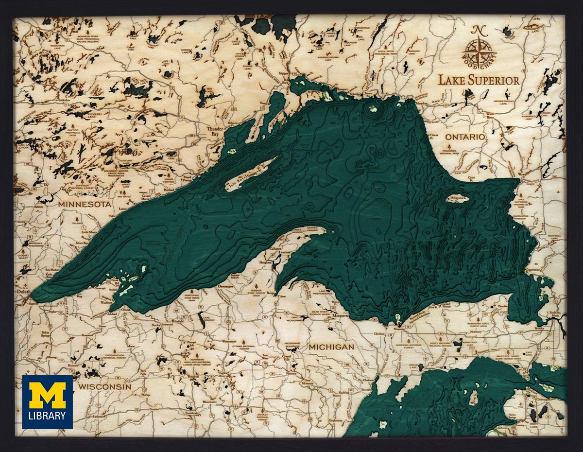 UMichLibrary's tweet photo. This is a carved wooden nautical map of Lake Superior that is currently featured in the Great Lakes exhibit in the Clark Library.
This map is currently uncataloged but was created by Carved Lake Art. #MapMonday #ClarkLibrary https://t.co/u09qtDgmSF
