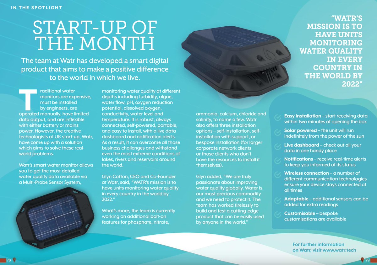 Back in September Watr were thrilled to be named Startup of the Month by Digital Innovation Magazine, contact us to find out more about our smart water monitor - watr.tech 

#innovation #smartwater #cleanwater #environment #innovativetechnology #waterquality