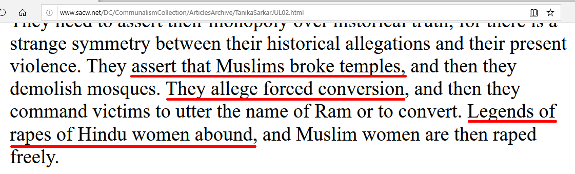 Tanika Sarkar:"partition time rapes of Hindu women" are "legends" Muslims breaking temples are mere "assertions""partition time rapes of Hindu women" are "legends""rapes of Hindu queens under Muslim rule" are "legends"