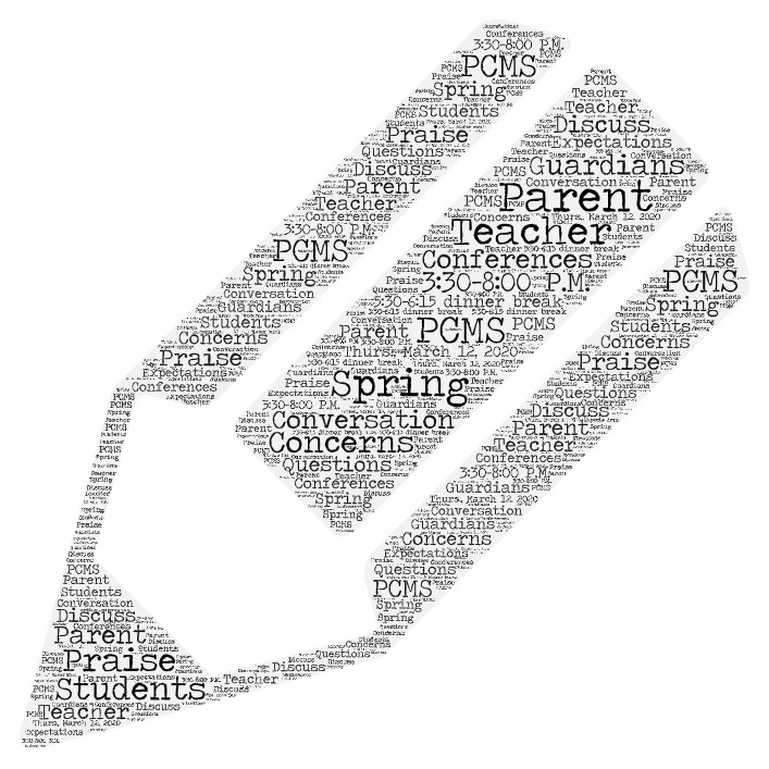 Spring parent/teacher conferences will be Thursday, March 12, from 3:30 - 8:00 P.M. No appointments are necessary. Teachers get a dinner break between 5:30 and 6:15. We hope to see you there!