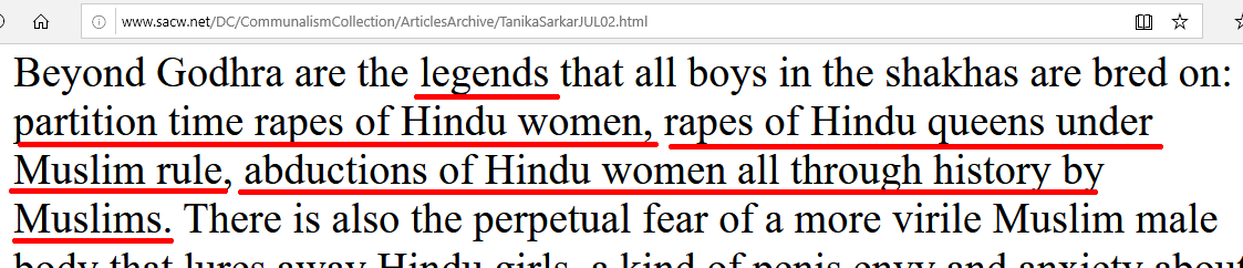 Tanika Sarkar:"partition time rapes of Hindu women" are "legends" Muslims breaking temples are mere "assertions""partition time rapes of Hindu women" are "legends""rapes of Hindu queens under Muslim rule" are "legends"