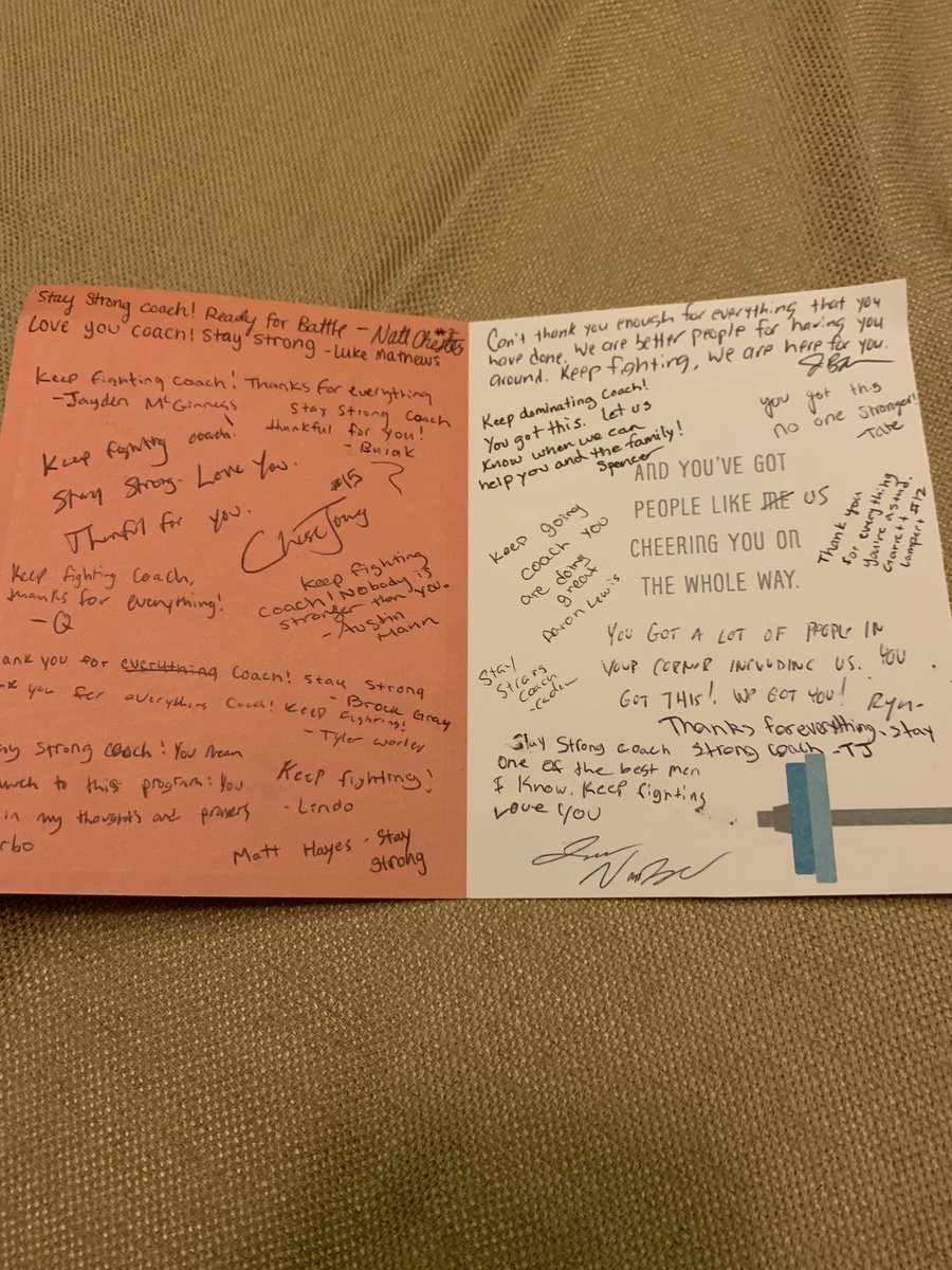 Day one of chemotherapy. No room for any negative thoughts. Heart and mind are full of humility and gratitude for all the love and support from family, friends, colleagues, and players. Cards like this mean so much. @LNEagleBaseball @LNEagleHoops @LNEagleVB #RFB #ReadyForBattle