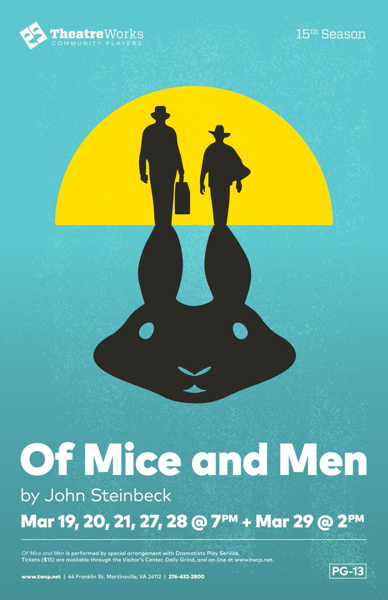TWCPlayers's tweet photo. Tickets are NOW on sale for the TWCP production of “Of Mice and Men." Based on the depression era novel by John Steinbeck, the Broadway revival won two Tony awards in 2017. Rated PG13. Tickets are available at the MHC Visitors Center ($15) and online at https://t.co/t0z3butxY0. https://t.co/icdTiOR130