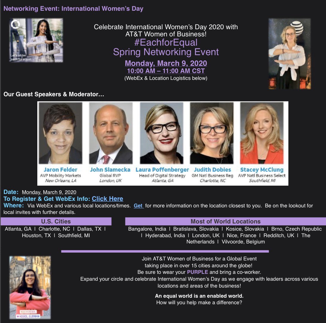 Jaron Felder (@mrsjaronfelder) on Twitter photo Excited to be a panelist for #IWD2020 on <a href="/ATTWomenOfBiz/">Women of Business</a> #EachforEqual Spring Networking Event. Equality for women is such an important and needed dialogue. Let’s ideate & champion together for an equal world. Join the conversation today! Details below #LifeatATT Excited to be a panelist for #IWD2020 on <a href="/ATTWomenOfBiz/">Women of Business</a> #EachforEqual Spring Networking Event. Equality for women is such an important and needed dialogue. Let’s ideate & champion together for an equal world. Join the conversation today! Details below #LifeatATT