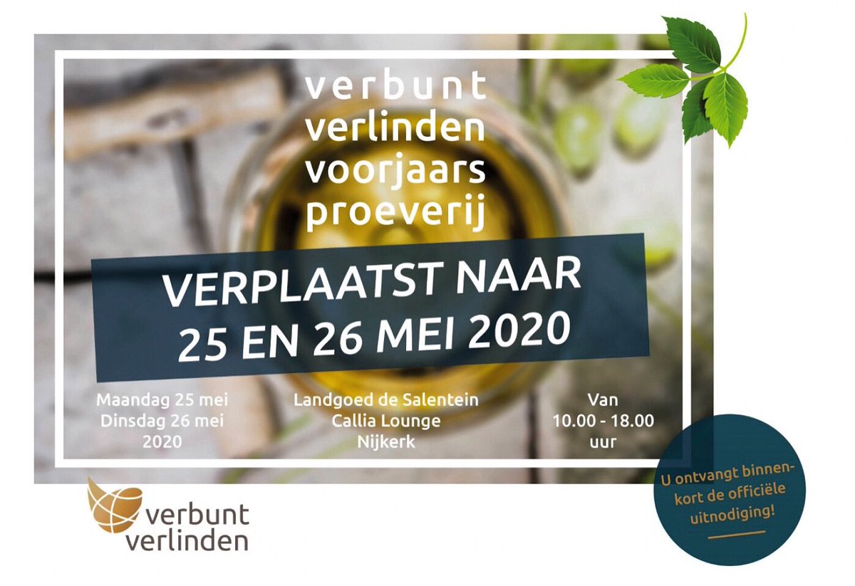 DaanSchmidt's tweet image. NIEUWE DATUM VOORJAARSPROEVERIJ:

Vanwege het Coronavirus is besloten de voorjaarsproeverij te verplaatsen naar 25 &amp;amp; 26 mei 2020. 

Verbunt Verlinden wil geen enkel risico lopen voor relaties en leveranciers. 

Bedankt voor het begrip.