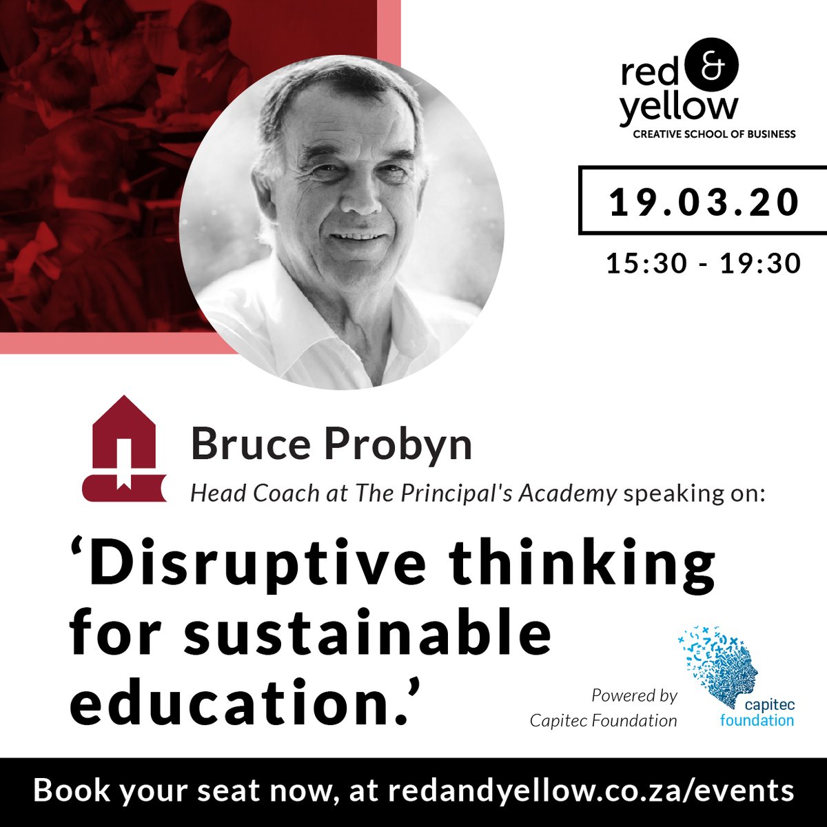RedAndYellowEd's tweet image. There's just 10 days to go until Gearing Schools for The Unpredictable Future. Bruce Probyn of The Principals Academy will discuss the kind of disruptive thinking that's needed to transform our current education system. Get your ticket now on Quicket: qkt.io/AU6hFr