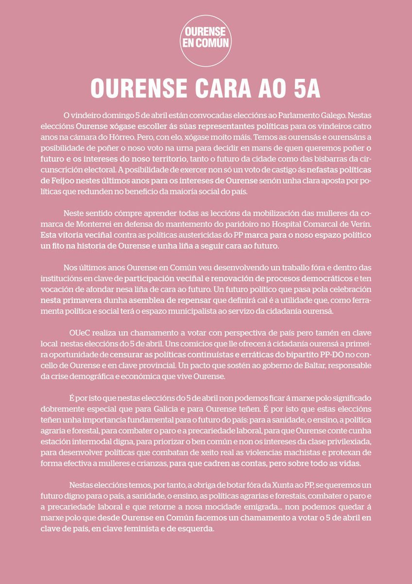 Ourense en Común chama á participación nas vindeiras eleccións do 5 de abril 📆📆 ao Parlamento Galego 🗳🗳

#ElecciónsGalegas #5A #HaiQueVotar #Ourense

facebook.com/65234540486113…