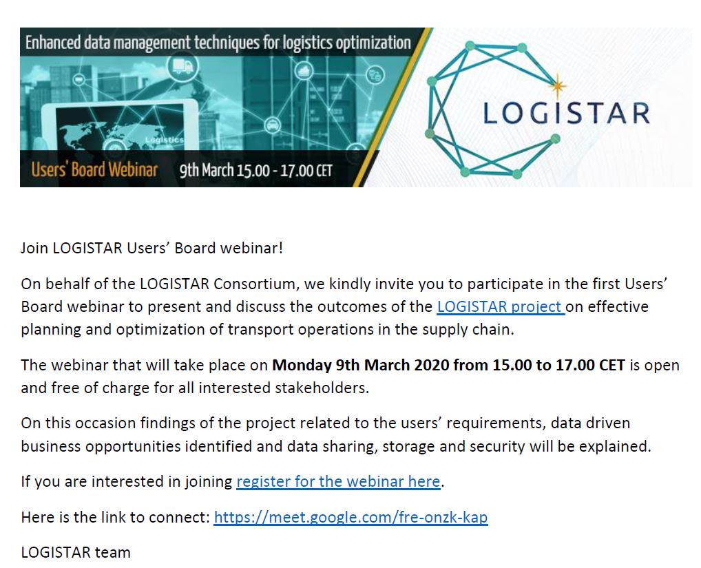 LOGISTAR_H2020's tweet photo. We kind remind to join the upcoming Users' Board Webinar: https://t.co/PHV5VRYg8A @LOGISTAR_H2020 #logistics #ArtificialIntelligence #BigData #IoT https://t.co/p4wyBXwCRH