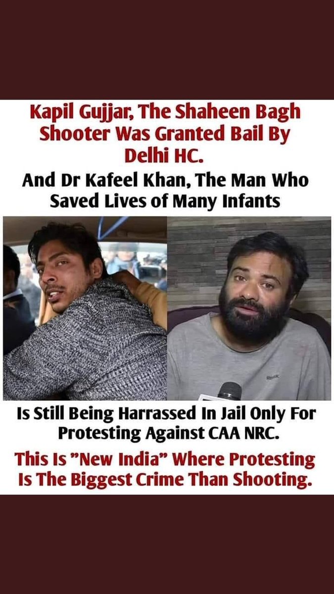 MKGOUR6's tweet image. Goli Chalane Walo ko Bail 
Jaan Bachane Walo ko Jail
#drkafeel_ko_rihakaro 
#Delhigenocide 
#pmfail