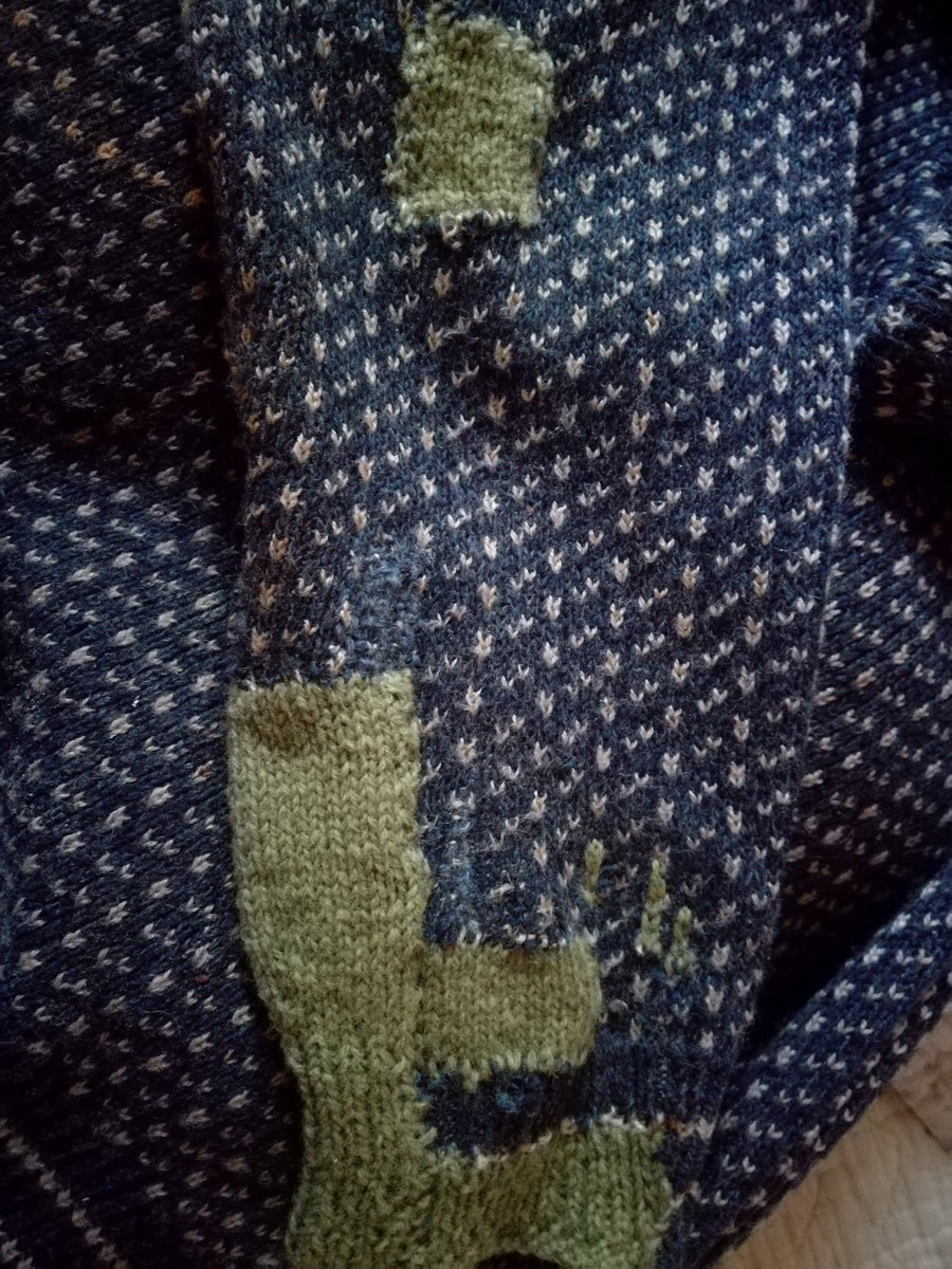 dstitch's tweet image. Wear and tear of a boat builder. Mending for a maker at @ArchipelagoFolk #repair #knitting @craftingcommons