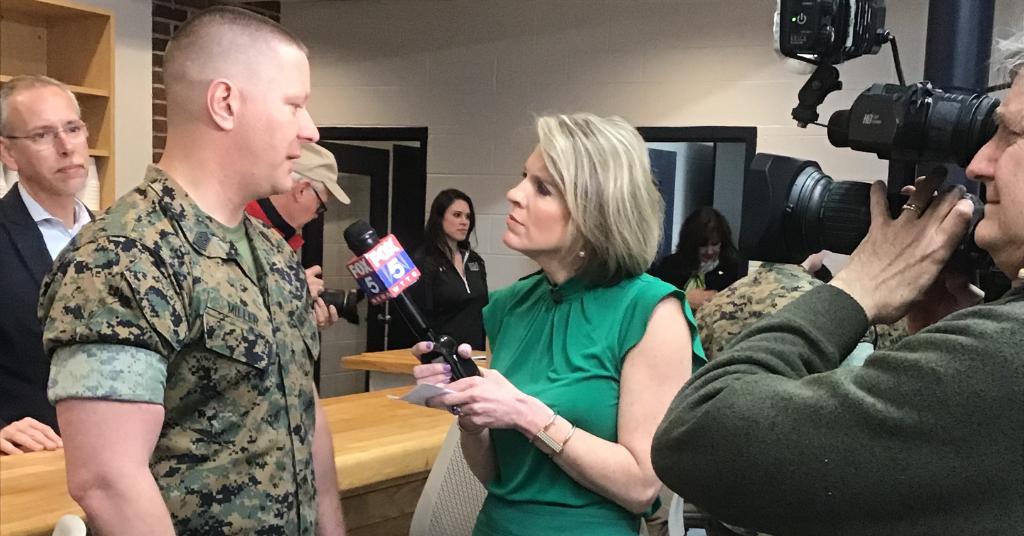 The_USO's tweet photo. Watch the USO center Quantico West opening: https://t.co/fTfgZbWoS3. @fox5dc interviewed @USOMetroDC VP of Operations Pam Horton and SgtMaj John Miller, USMC, this morning. The new center will serve 6,000 Marines and families at @MCB_Quantico. #USOMetroDC #USOQuantico https://t.co/AHFtwV5kU9