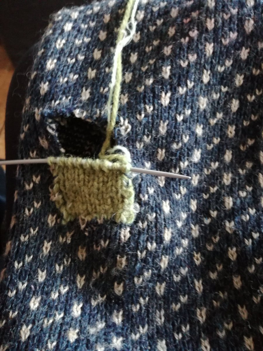 dstitch's tweet image. Wear and tear of a boat builder. Mending for a maker at @ArchipelagoFolk #repair #knitting @craftingcommons