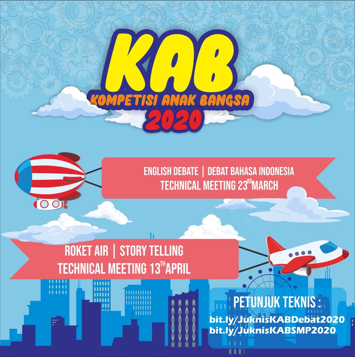 ⚠️TECHNICAL MEETING KAB ⚠️

Halo anak bangsa👋🏻 
Catat tanggal pelaksanaan TM KAB 2020 yuk!

👥 English Debate | Debat Bahasa Indonesia 👥
TM : 23 Maret 2020
🚀 Roket Air | Story Telling 🗣️
TM : 13 April 2020

📌2 Petunjuk Teknis 📌
bit.ly/JuknisKABDebat…
bit.ly/JuknisKABSMP20…