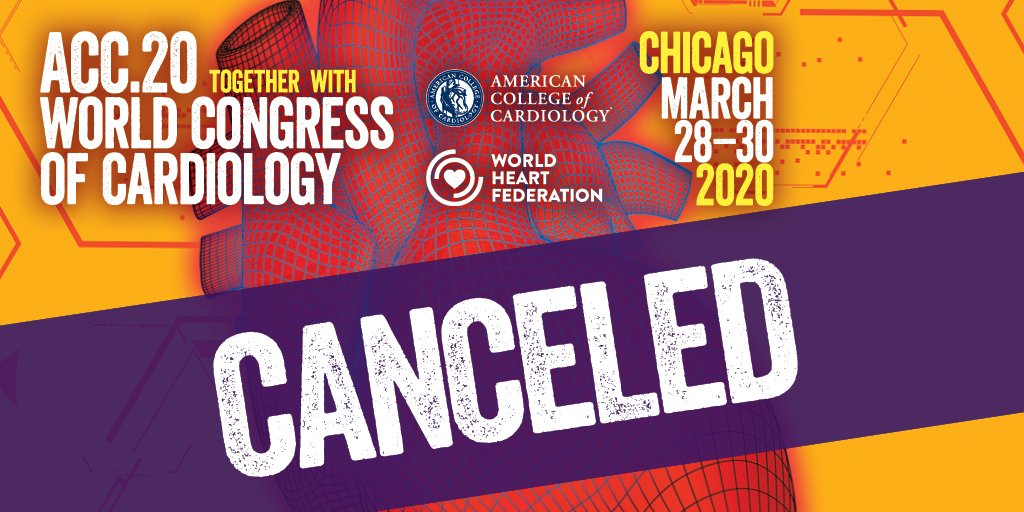 American College of Cardiology (@accintouch) on Twitter photo Due to @CDC, <a href="/WHO/">World Health Organization (WHO)</a> #COVID19 reports, and in the best interest of our attendees and the #CVD patients whom they serve around the globe, #ACC20/#WCCardio is canceled. Virtual meeting options in the works. More here: bit.ly/2R3vgi6 Due to @CDC, <a href="/WHO/">World Health Organization (WHO)</a> #COVID19 reports, and in the best interest of our attendees and the #CVD patients whom they serve around the globe, #ACC20/#WCCardio is canceled. Virtual meeting options in the works. More here: bit.ly/2R3vgi6