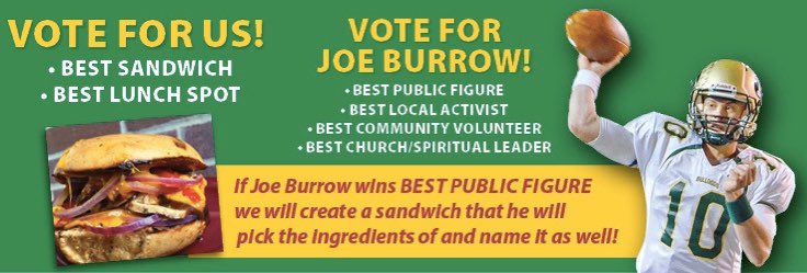 BagelStreetDeli's tweet photo. you guys have asked for a Burrow Bagel, why not have the legend himself create it?! vote for @Joe_Burrow10 (and us!) in this years #BestOfAthens via @TheAthensNEWS https://t.co/oceScDN5Rl