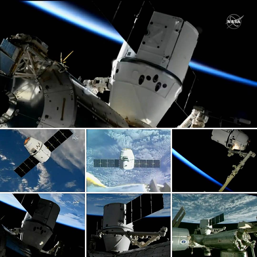sarahmldnenbr's tweet photo. @SpaceX #Dragon1 's final rendezvous at @Space_Station
Captured by @Astro_Jessica @AstroDrewMorgan with #CanadaArm2 (@csa_asc ).
(Screenshots from @NASA live.)
I couldn't decide how to layout the shots because the views with Earth are so beautiful. Which do you like?
#CRS20 https://t.co/3u4W4hv7J4