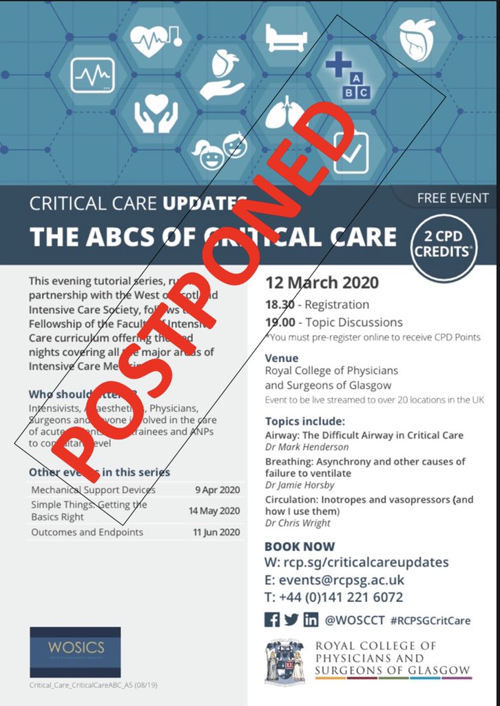 Due to the current circumstances our meeting this Thursday evening has been postponed until further notice.  Apologies to those who had planned to attend or stream. <a href="/qeuhccm/">QEUH CCM</a>  <a href="/rcpsglasgow/">Royal College of Physicians & Surgeons of Glasgow</a>