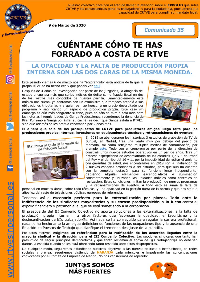 rtvesinpersonal's tweet photo. #FelizLunes Último comunicado @rtvesinpersonal sobre @cuentametve acusaciones a ##ImanolArias #AnaDuato #Nummaria de como el presupuesto de @rtve acaba presuntamente en #EvasionFiscal pero escasea para la producción propia, con ayuda de un Convenio indolente a la corrupcion https://t.co/sjiRaX8fhT