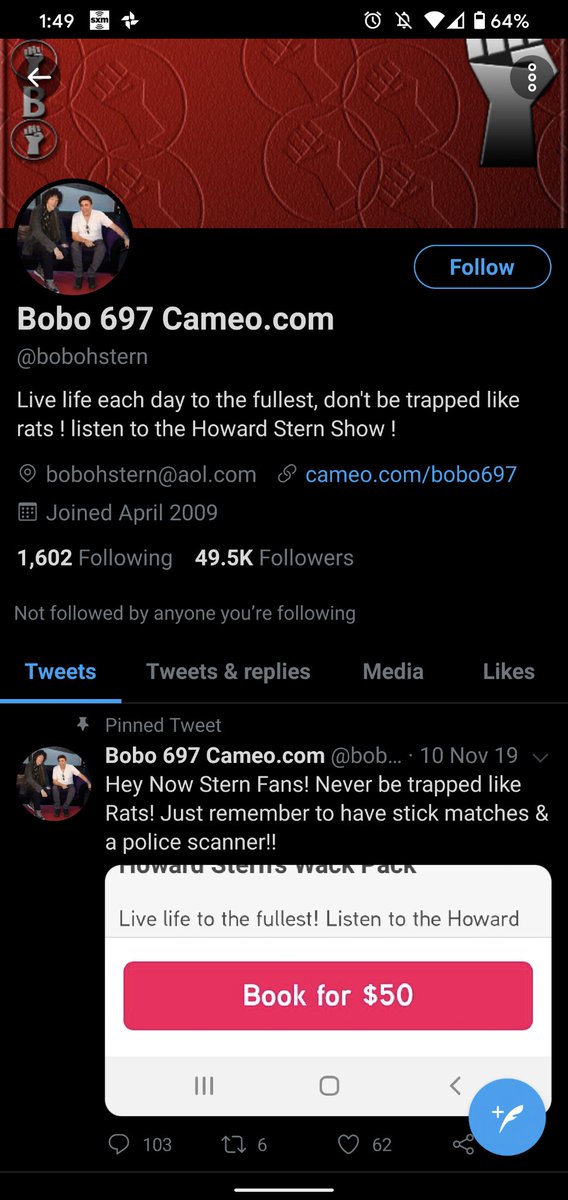 Howard, hearing you hang up on <a href="/mfbrooklyn/">Mariann F Brooklyn</a> mid-sentence made me accidentally kick my husband awake while I tried to silence my laughter. <a href="/sternshow/">Stern Show</a>

I followed <a href="/bobohstern/">Bobo 697</a> just to unfollow him and it made tonight's insomnia worth it. #UNFOLLOWBOBO