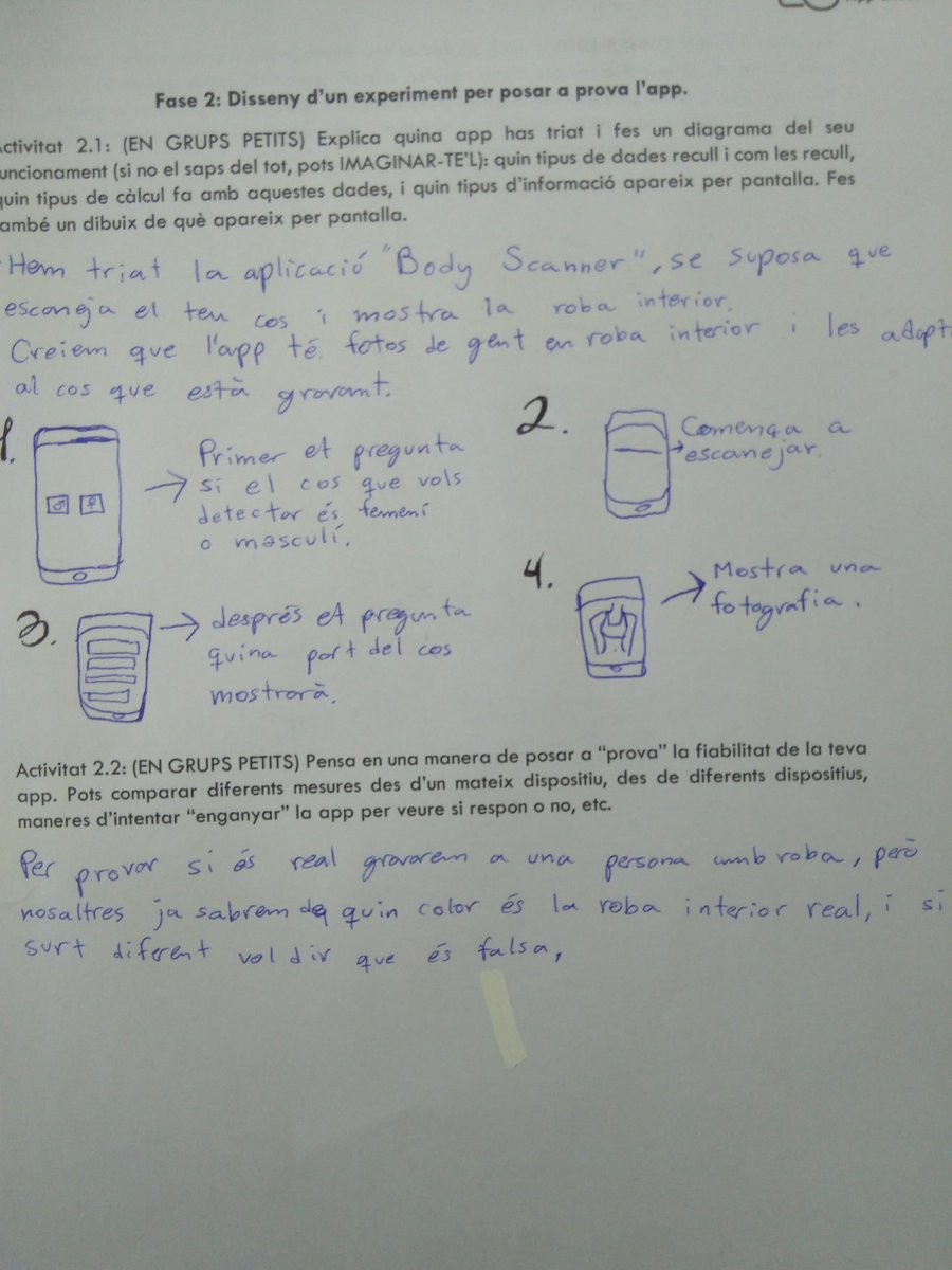 victorlopezsbd's tweet photo. Segon dia de projecte #AppCheckers
Cada grup tria una app i intenta explicar com creu que funciona (model inicial). Després pensen un o varis experiments que poden fer per posar a proba aquesta app i determinar el seu grau de fiabilitat. https://t.co/egziqXEjhu
