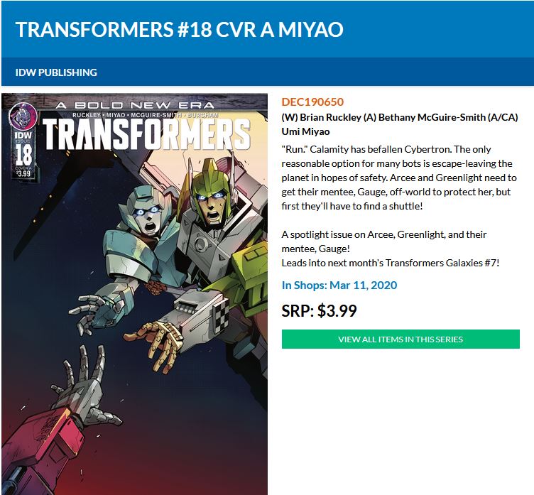 Calamity has befallen Cybertron. The only reasonable option for many bots is escape-leaving the planet in hopes of safety. Written by <a href="/Brian_Ruckley/">Brian Ruckley</a> and art by <a href="/Andernell/">✨ Nell ✨</a>. Out this week at your Local Comic Shop