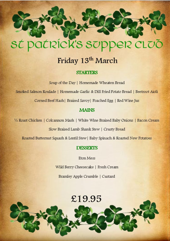 Start your St Patricks day celebrations this Friday with our 3 Course Supper Club menu for £19.95!!🍀
Serving from 5-9pm!😁
#StPatricksDay #AntrimCoast #Causewaycoast
