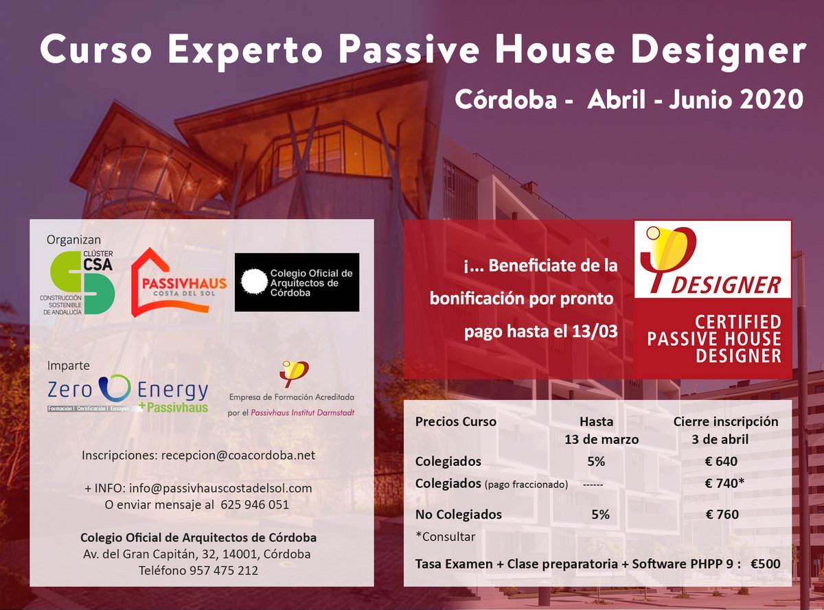 Cacopardo_Arch's tweet photo. 🔵 Passivhaus Designer Colegio de Arquitectos de Córdoba 🔵
Ponencia: #Passivhaus y el Edificio de Consumo Casi Nulo -Colegio Oficial de Arquitectos de Córdoba.
Curso de Experto #Passivhaus #Designer @Passivhaus_CS y @zeroene  inicio abril,  info@passivhauscostadelsol.com https://t.co/4FCQuT7RLk