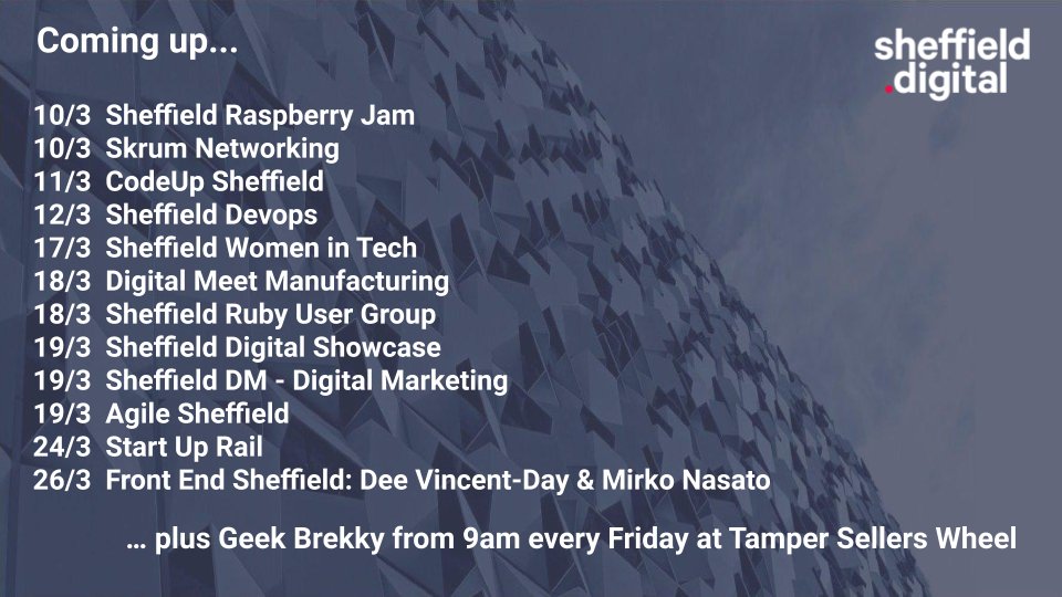 SHFDigital's tweet image. Here's your summary of the tech & digital meetups happening in #Sheffield this month!
Tomorrow it's @shfraspjam at Sheffield Hallam and @LetstalkMarjolo at The Tap.
On Tuesday @CodeUpSHF @SheffTechParks, on Wednesday @sheffieldDevops. More @OpenTechCal & sheffield.digital/events/