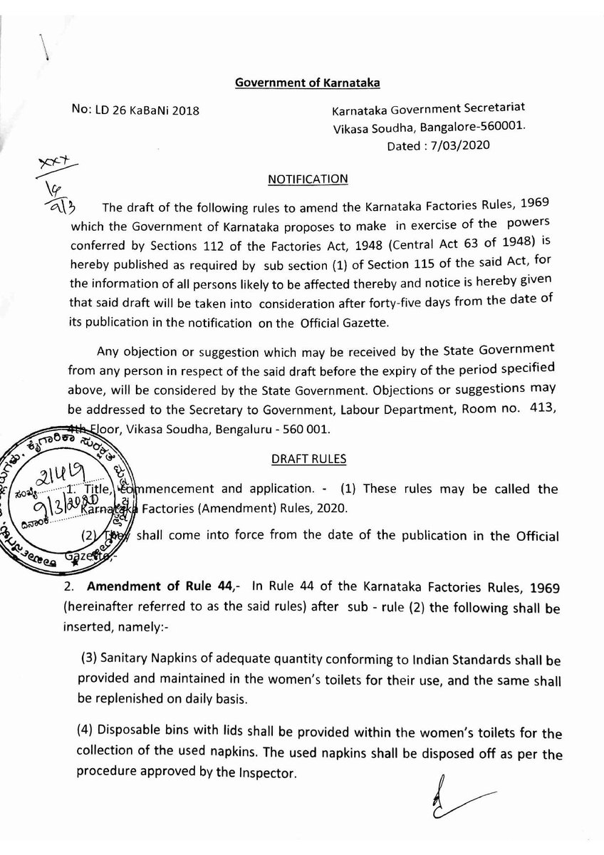 DFBISH1's tweet photo. Draft Rules - Karnataka Factories Amendment Rules 2020
Amendment for Rules 44, 65 and 134(1)
Stake holders may furnish objections/suggestions to State Government as stated in the Notification attached https://t.co/cSyLiTJ4og