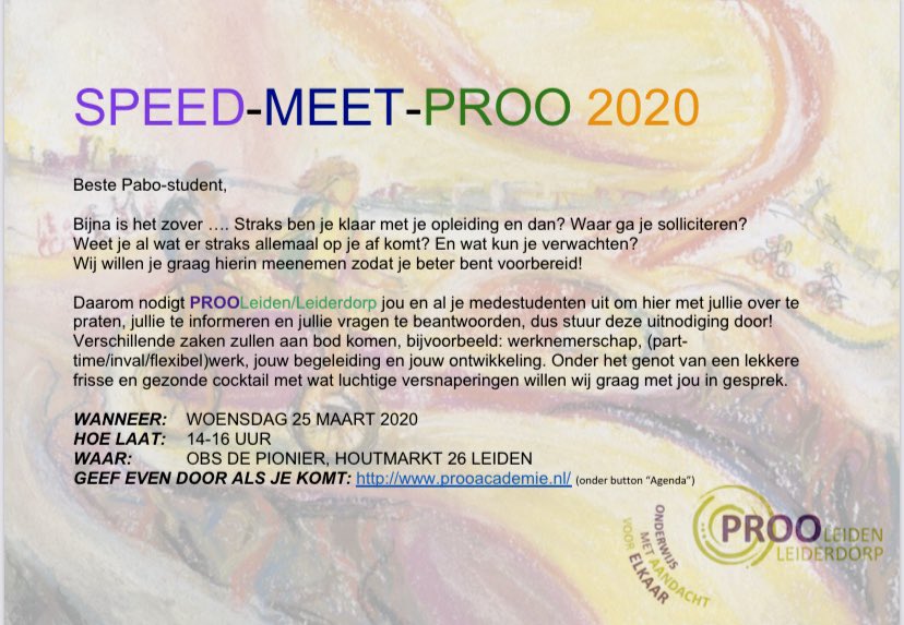 PROO_Academie's tweet photo. PROOLeiden/ Leiderdorp wil op 25 maart 2020 studenten ontmoeten! Heel graag delen 😃 https://t.co/0rxpEdnI8Y