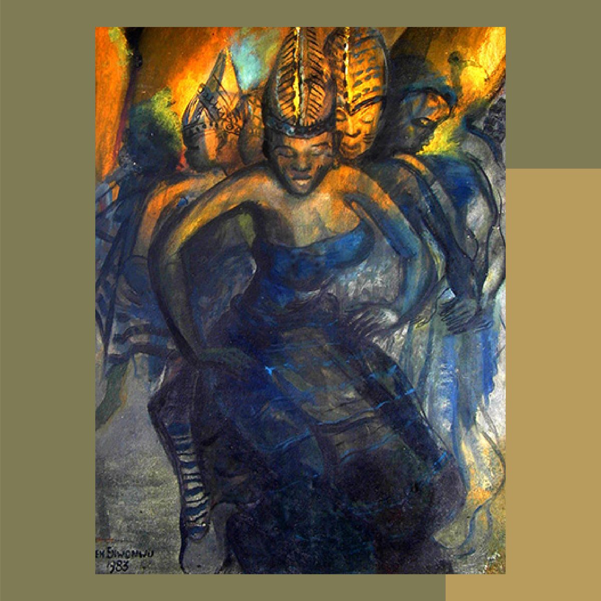 Ben Enwonwu’s formalistic direction extended his forms beyond immediate identification with ethnicity although his motifs drew from various ethnic and cultural images.
Ben Enwonwu, 'Obitun', 1983, oil on canvas 
#benenwonwu #culture #nigerianartist #painting #benenwonwufoundation