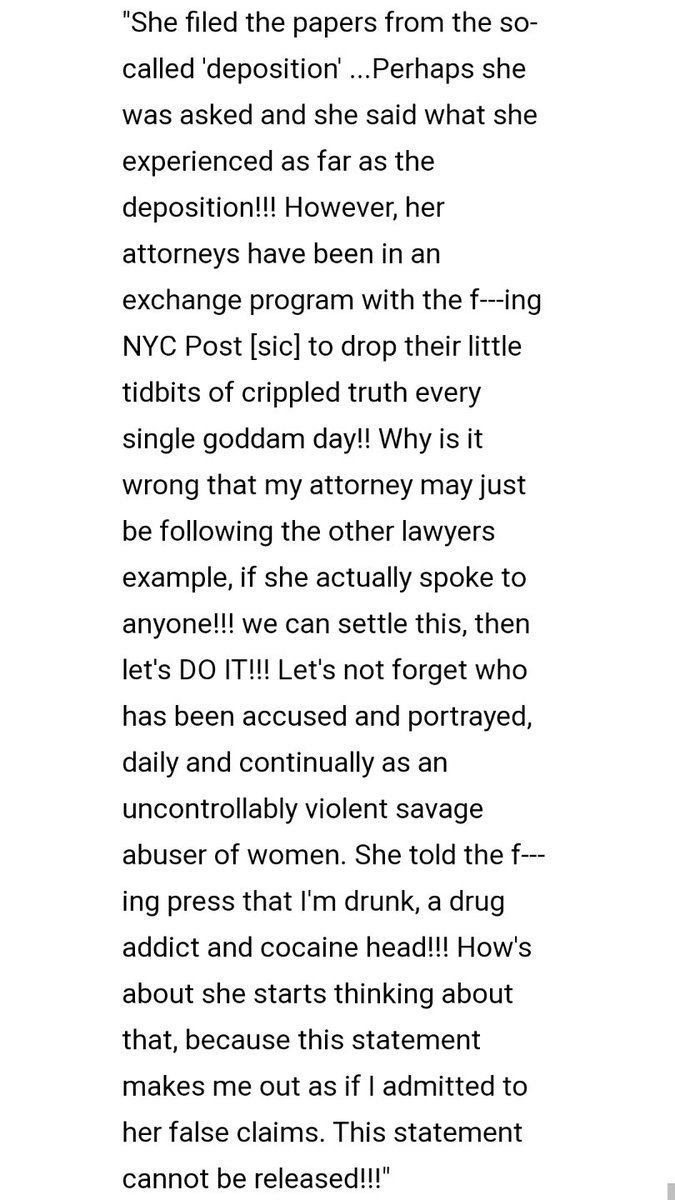 He says that her attorneys give information to the New York Post and is mad about her calling him a "drunk, drug addict and a cocaine head". He says the statement Carino was persuading them to release makes it seem like he& #39;s admitting to the abuse and says it can& #39;t be released