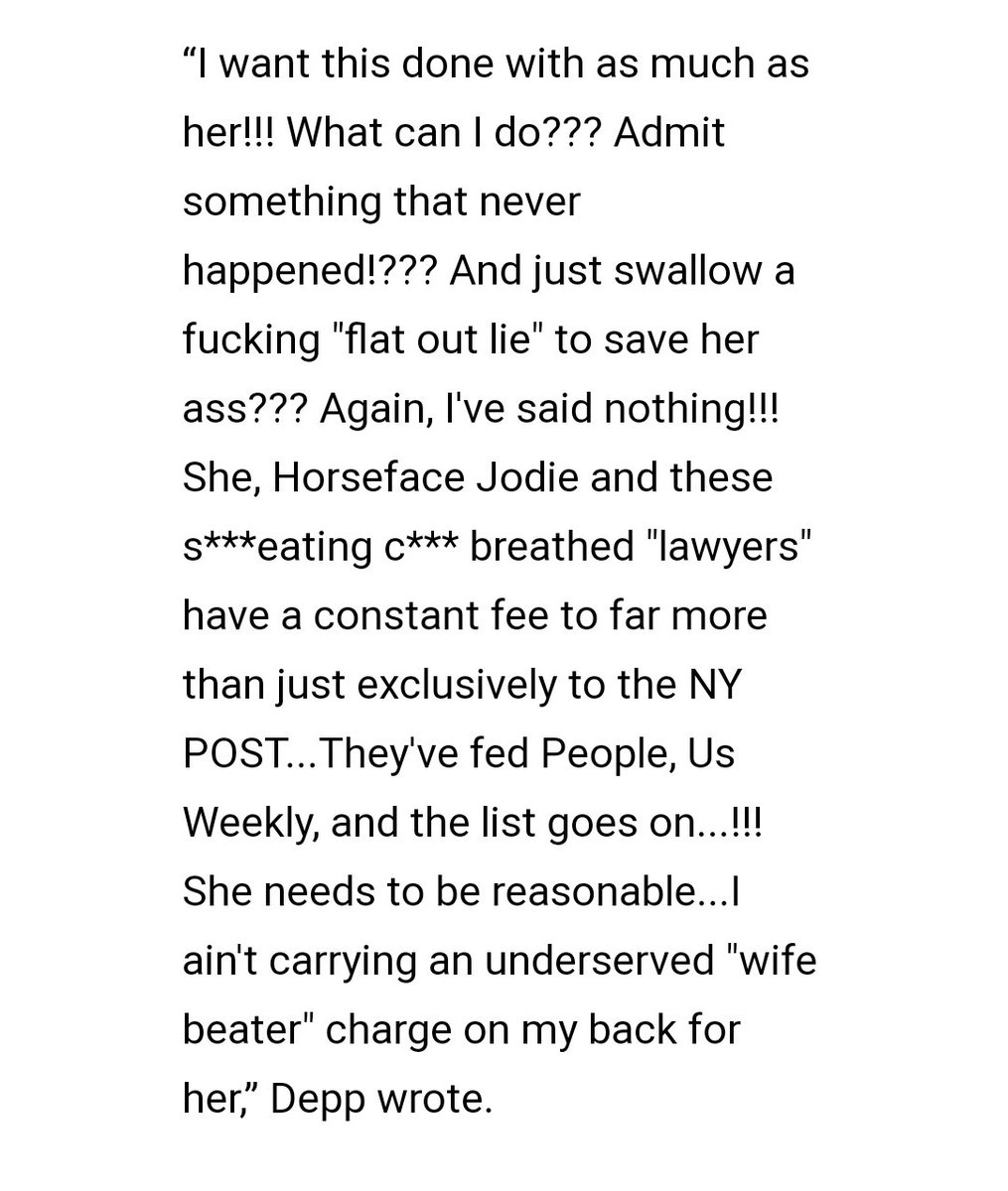 He says that he can't admit something that never happened or swallow a "flat out lie" to have this over with. He also accuses her of feeding things to NYP, People and US weekly (which, yeah she did). He says he refuses to carry an undeserved charge of a "wife beater" for her.