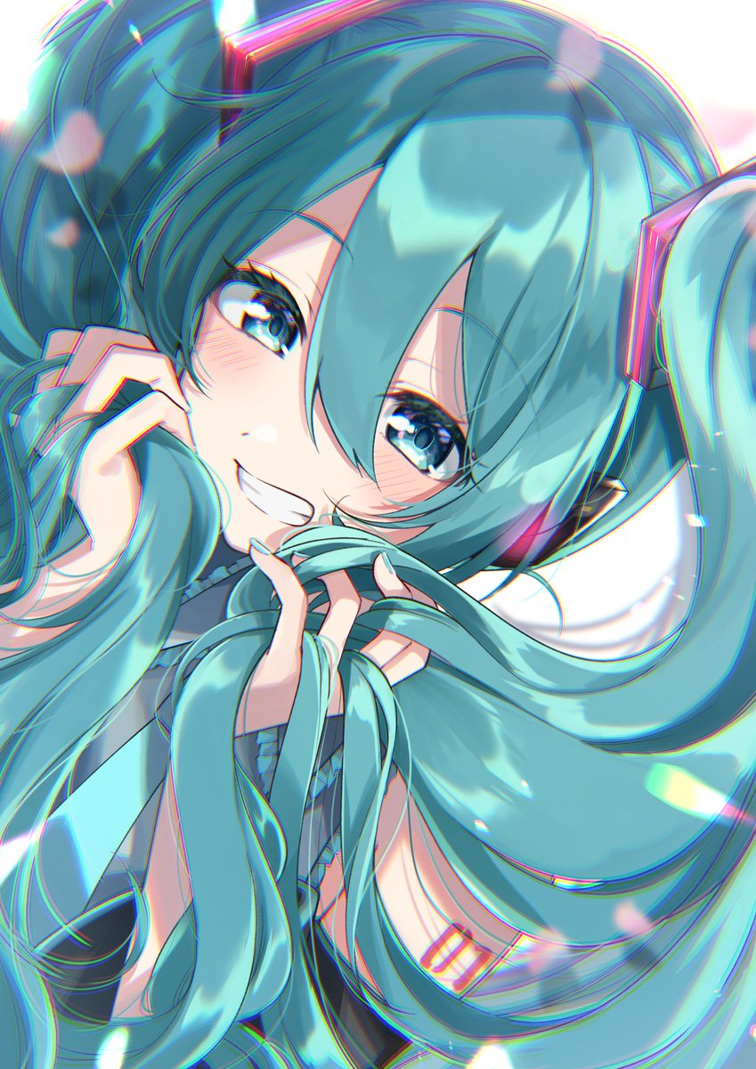 hatsune miku 1girl solo long hair twintails smile holding hair holding  illustration images