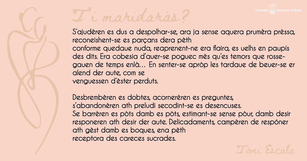 LITERATURA♥️📖En aguest deluns heired, Tòni Escala mos aufrís aguest fragment de meravelhosa pròsa a trauès dera sua novèlla T'i maridaràs?

#enaranes #tradicionsaraneses #literaturaranesa #literaturaaranesa #tradicions #pròsaranesa #pròsaenaranes #publicacionsenaranes