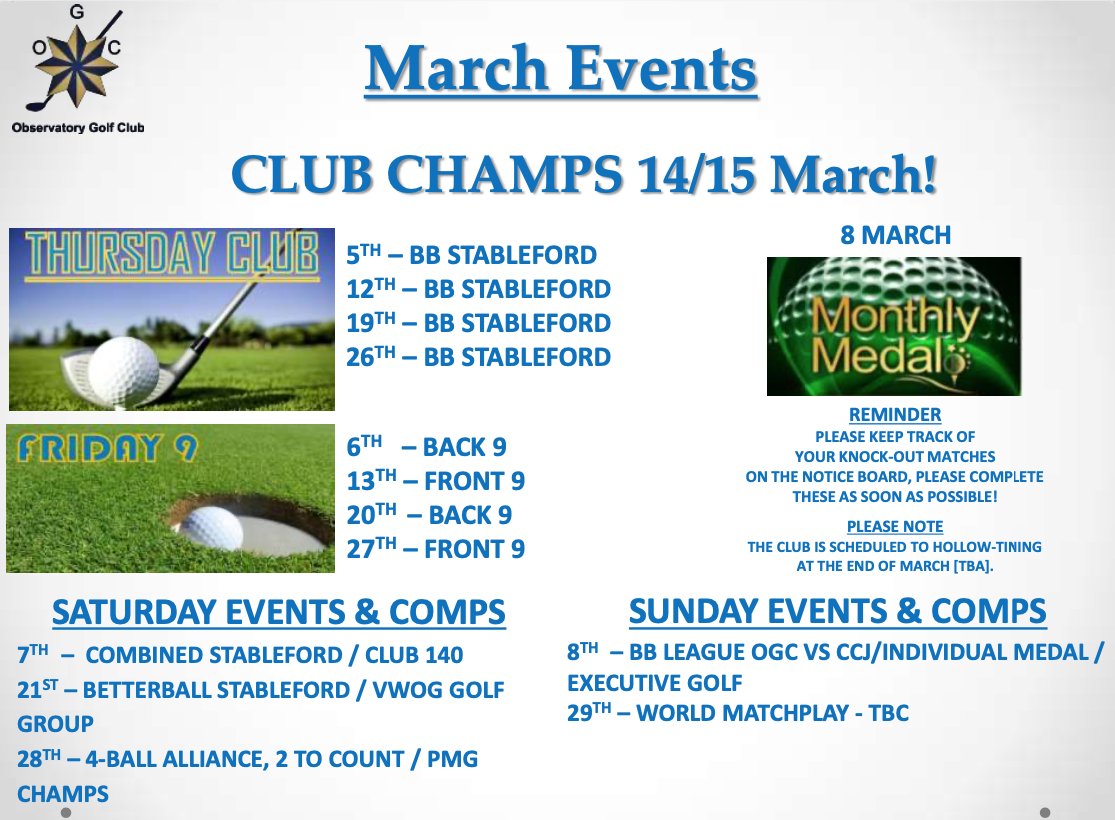 ObsGolf's tweet image. The line up for this coming March is strong.

Reminder that it is #ClubChamps week &amp;amp; there are still a few slots available for this coming weekend. 

Bookings through gm@obsgolf.co.za 
.
#ObsGolf  since 1914. 
#Golf #Johannesburg