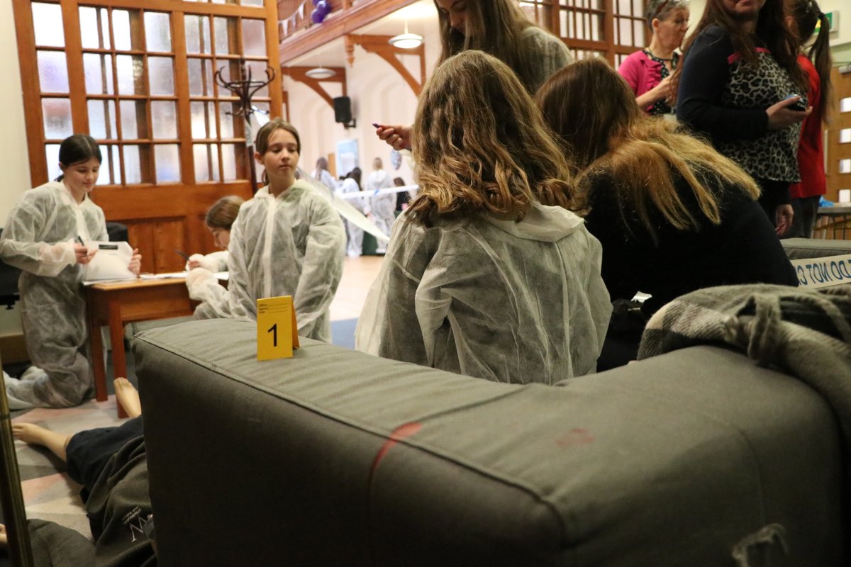 WimbledonHigh's tweet photo. There's a crime scene in the Senior Hall - #Year8WHS are busy trying to figure out who killed @Head_WHS as part of  #ScienceWeekWHS! 👀 #BSW20 @Chemistry_WHS @Biology_WHS @PhysicsDept_WHS https://t.co/gIp0wHWKah