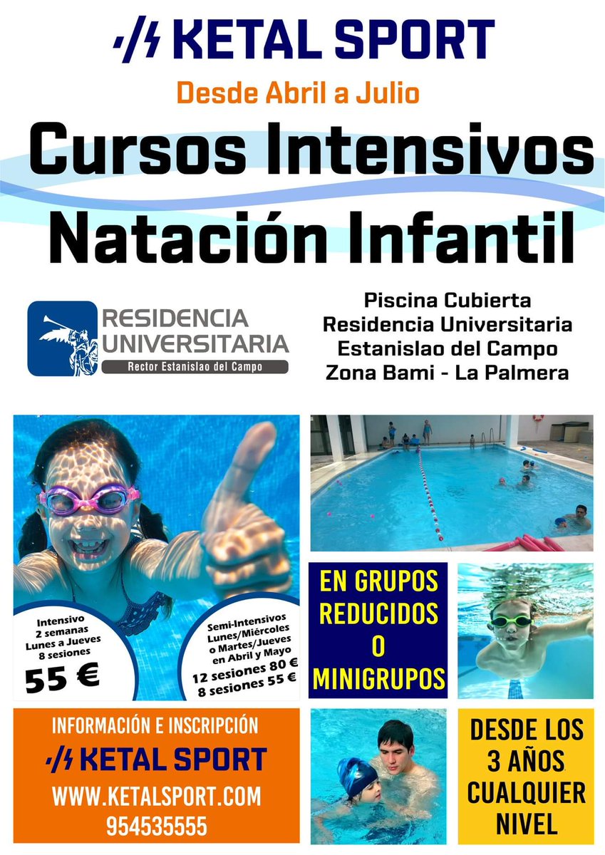 Abierta inscripción para Cursos Natación Infantil de <a href="/ketalsport/">Ketal Sport</a> en la piscina cubierta de la <a href="/RUEstanislao/">R.U. Estanislao</a> desde los 3 años y de cualquier nivel, en grupos reducidos e incluso "mini-grupos". Toda la información y la inscripción en ketalsport.com/curso-natacion…