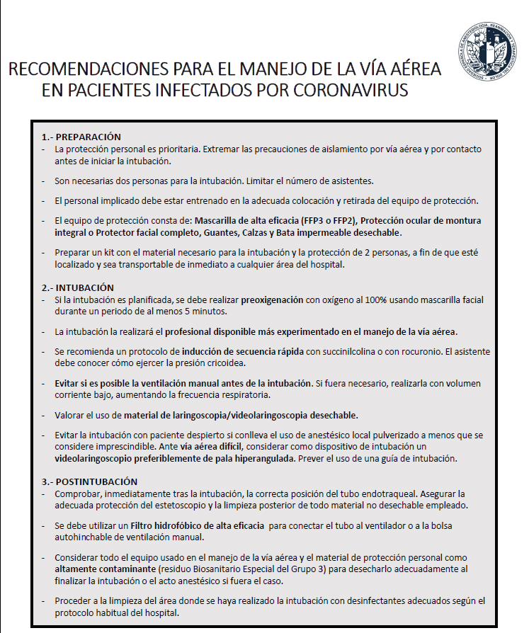 sedar_es's tweet photo. Recomendaciones para el manejo de la vía aérea en pacientes infectados por #coronavirus https://t.co/iDWsUGZLrr