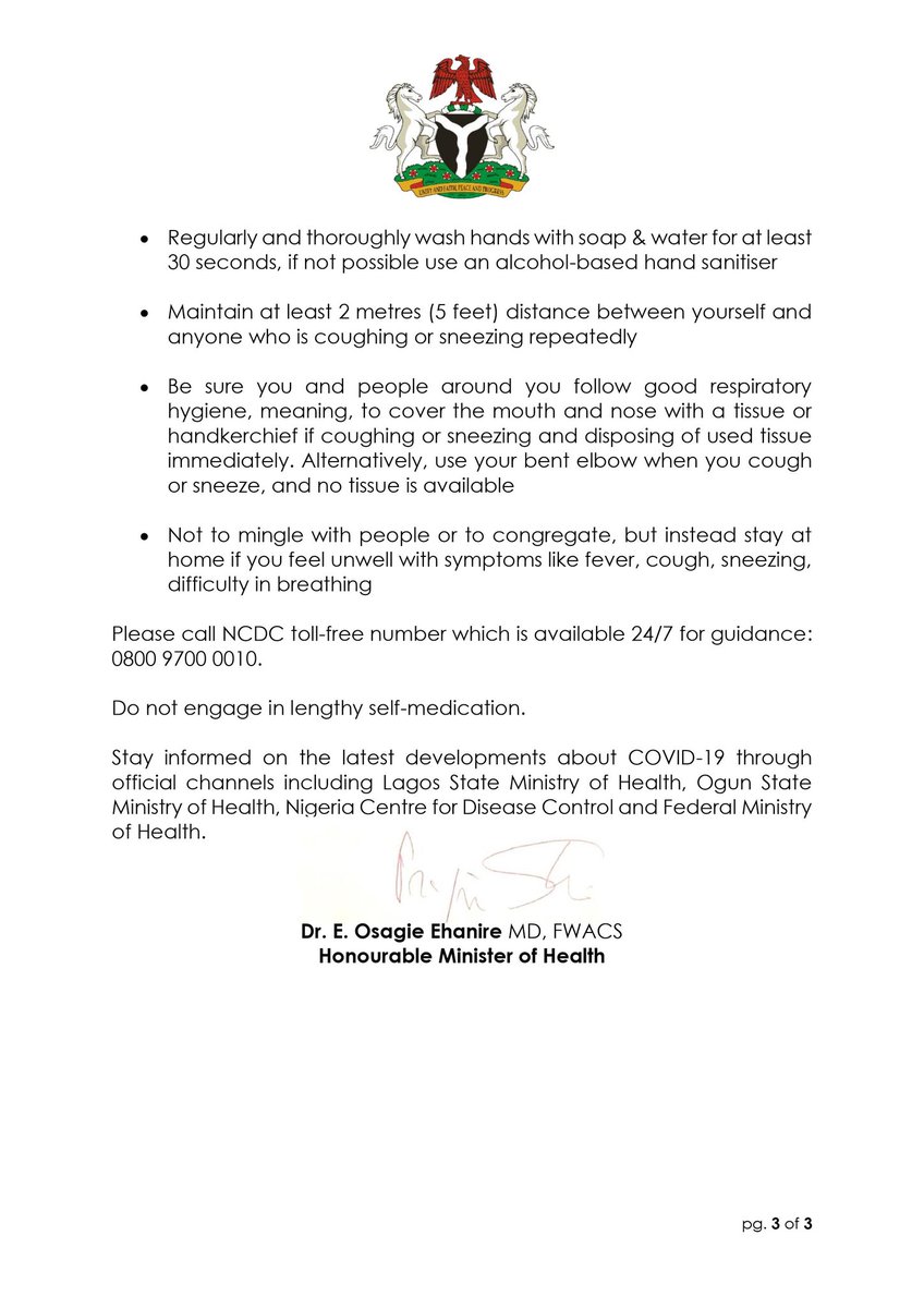 Today, March 9th, I announced 1 (one) more case of #COVID19 in #Nigeria. To date, there are 2 (two) confirmed cases. 

The new case is an Ogun State contact of the index case, one of 40 persons in isolation being closely monitored. He is clinically stable.
 #COVID19Nigeria