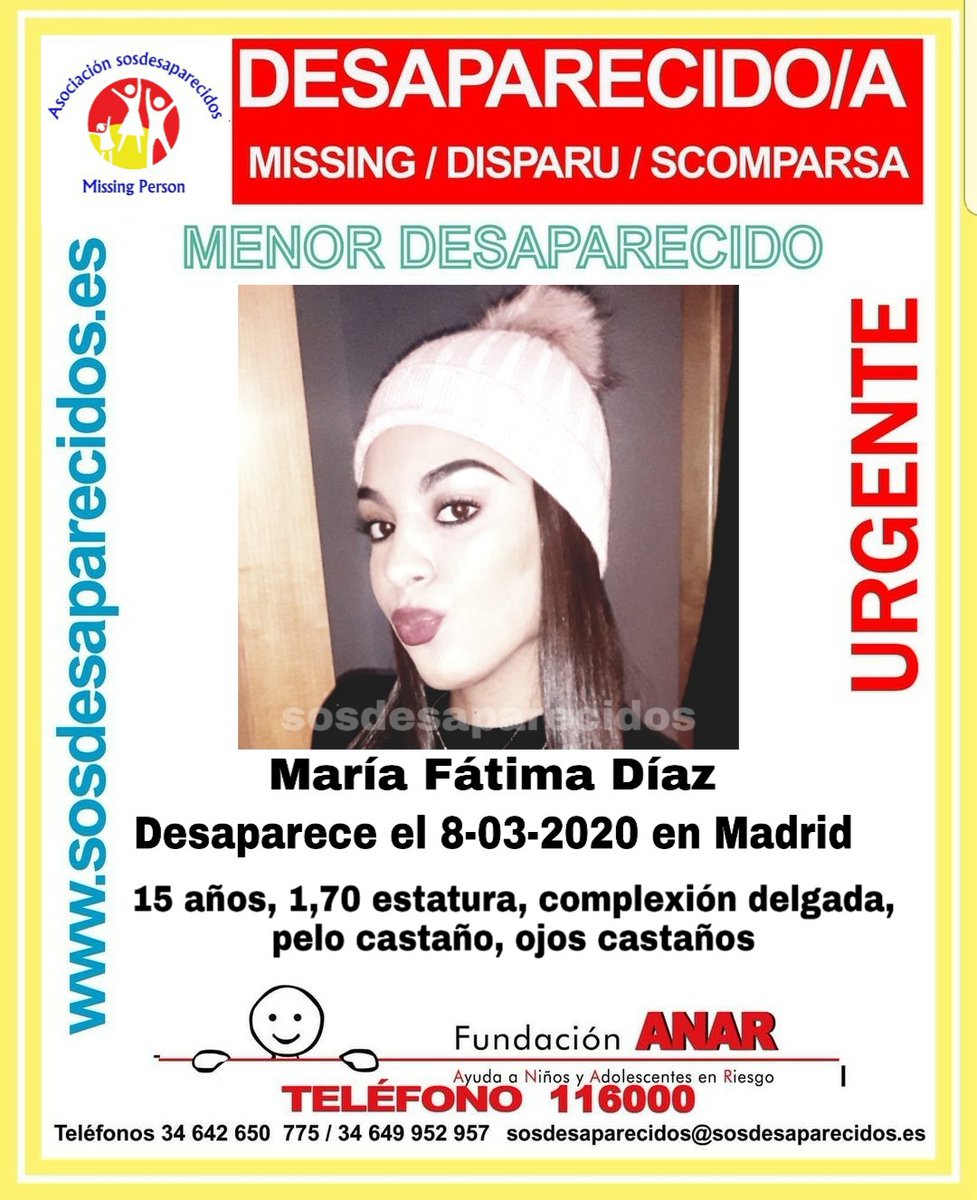 guardiacivil's tweet photo. #URGENTE ⚠#AlertaDesaparición

María Fátima Díaz es una menor que ha #desaparecido el 08/03/2020 en #Madrid

Ayúdanos ¿tienes información? llama: 
062
091
112

#Colabora ¡Haz RT! puedes ayudar mucho. https://t.co/MoLLxcSBfO