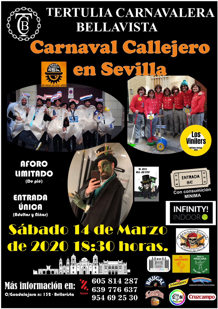 TCarnavalBellav's tweet photo. NOTICIA | Ya están a la venta las entradas para la actuación del próximo Sábado 14 de Marzo de 2020 en nuestra Tertulia.

Carnaval Callejero!!!!

¿Te lo vas a perder?

@moedetriana
 Sin Ánimo de Luto
@chiriplatonica https://t.co/O7A3XyNqWv