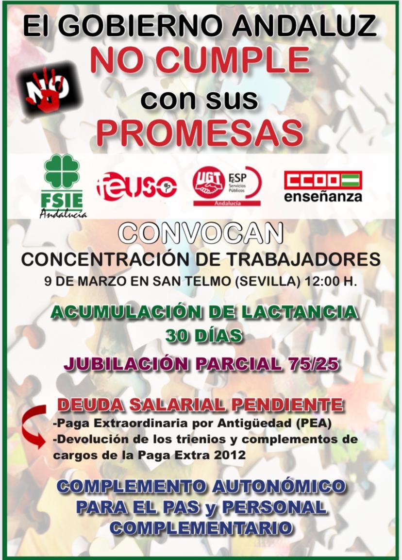 FSIEAndalucia's tweet photo. 🍀CONCENTRACIÓN 9M🍀 #concertadaenlucha #promesasinclumplidas #complementoautonomicoPAS #30diaslactancia #deudasalarialconcertada #masFSIE #somosFSIE https://t.co/lIrTVVrRz7