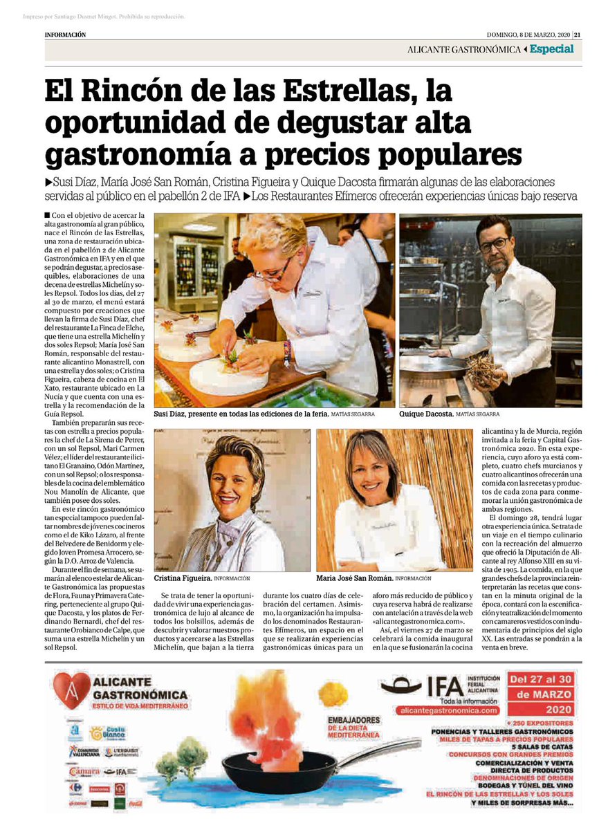 Alicante Gastronómica (@alicantegastro1) on Twitter photo ¡En #AlicanteGastronomica20 podréis degustar alta gastronomía a precios populares! Los chefs más representativos de la provincia estarán en el espacio #ElRincóndelasEstrellas.
📰 Os lo cuentan en <a href="/informacion_es/">INFORMACION.es</a> ¡¡Gracias!!
#LExquisitMediterrani #Alicante ¡En #AlicanteGastronomica20 podréis degustar alta gastronomía a precios populares! Los chefs más representativos de la provincia estarán en el espacio #ElRincóndelasEstrellas.
📰 Os lo cuentan en <a href="/informacion_es/">INFORMACION.es</a> ¡¡Gracias!!
#LExquisitMediterrani #Alicante