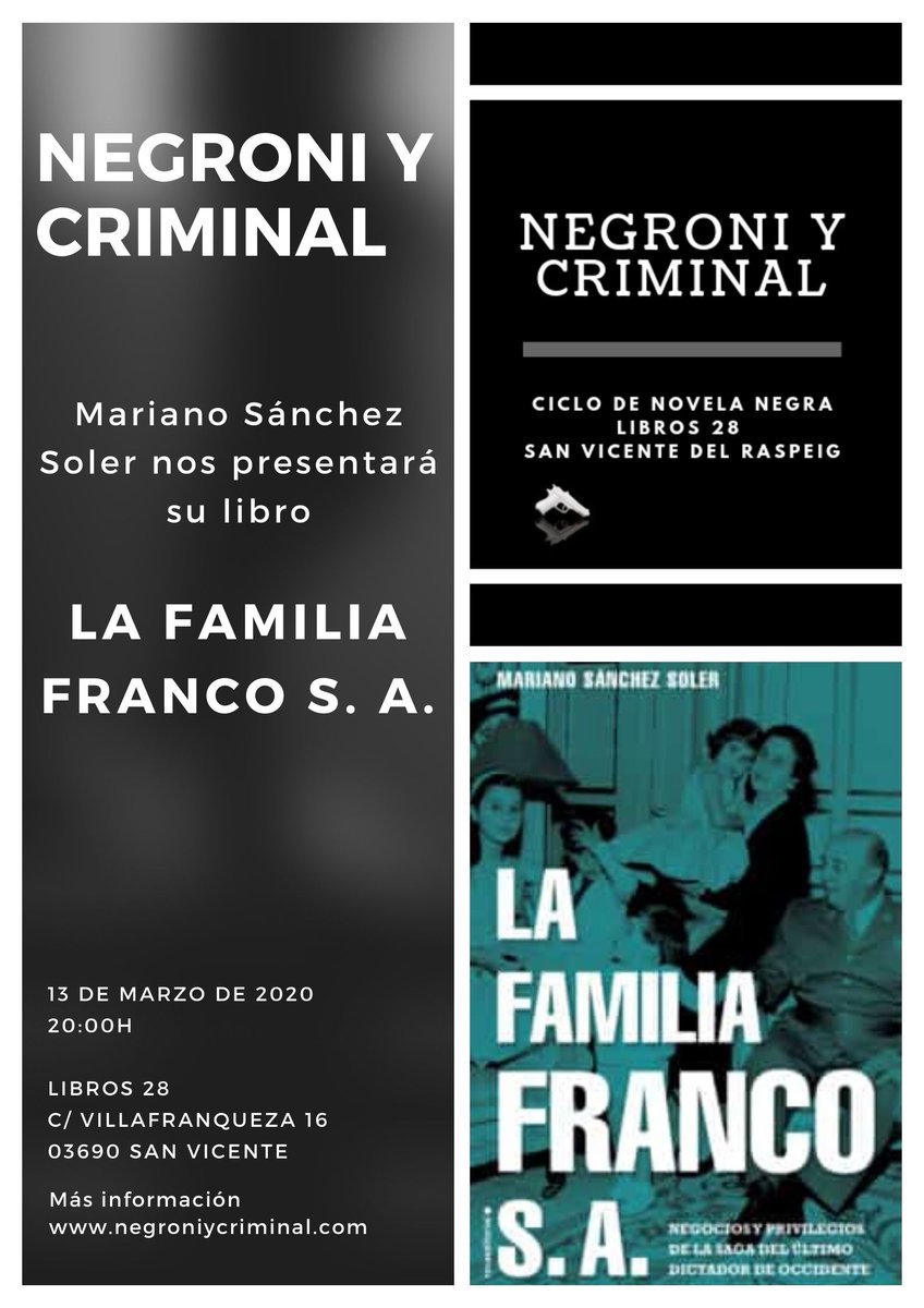 libros28's tweet photo. El próximo viernes 13 de marzo nos visita Mariano Sánchez Soler dentro del ciclo Negroni y Criminal. No faltéis
Presentará el acto Luis Leante y empezaremos con una pieza de Microteatro Negroni https://t.co/SQBLahVD4J
