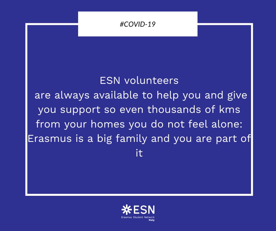 ESNITALIA's tweet photo. ESN Italy, in this difficult moment for the entire country, is close to all the people suffering from COVID – 19. ESN Italy is here for you. 

To learn more: https://t.co/YGxN95hbfs

#THISisESN #ESNItaly #ESNItalia #HealthandWellBeingWeek #Coronavirus https://t.co/qDbQb80H7M